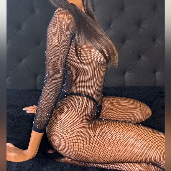 New Leg Avenue Black Sparkle And Shine Rhinestone Bodystocking - Picture 13 of 16
